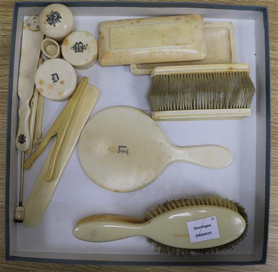A Victorian ivory dressing table set and sundry other ivory